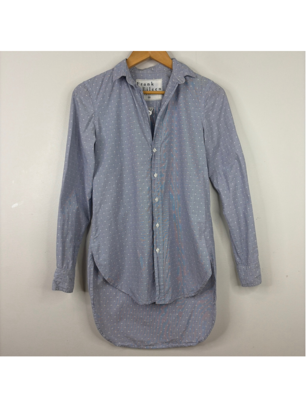 Frank & Eileen Shirt Womens XS Blue White Polka Dot Cotton Long Sleeve Tunic